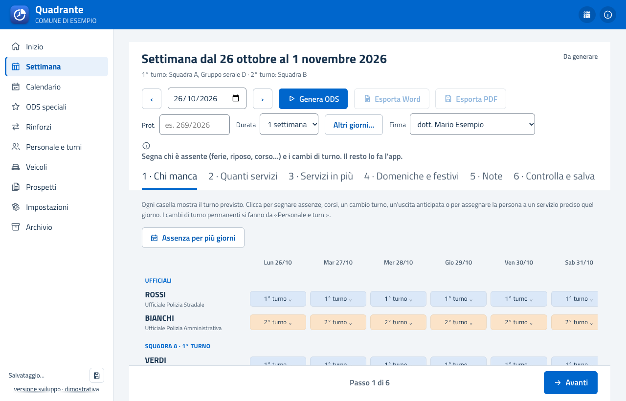 Griglia delle presenze della settimana con turni, assenze e corsi