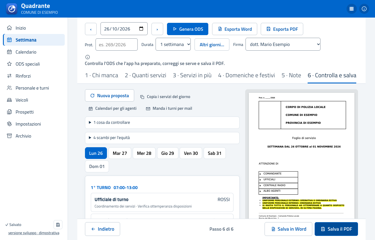 Passo Controlla e salva: servizi del giorno modificabili e anteprima del PDF