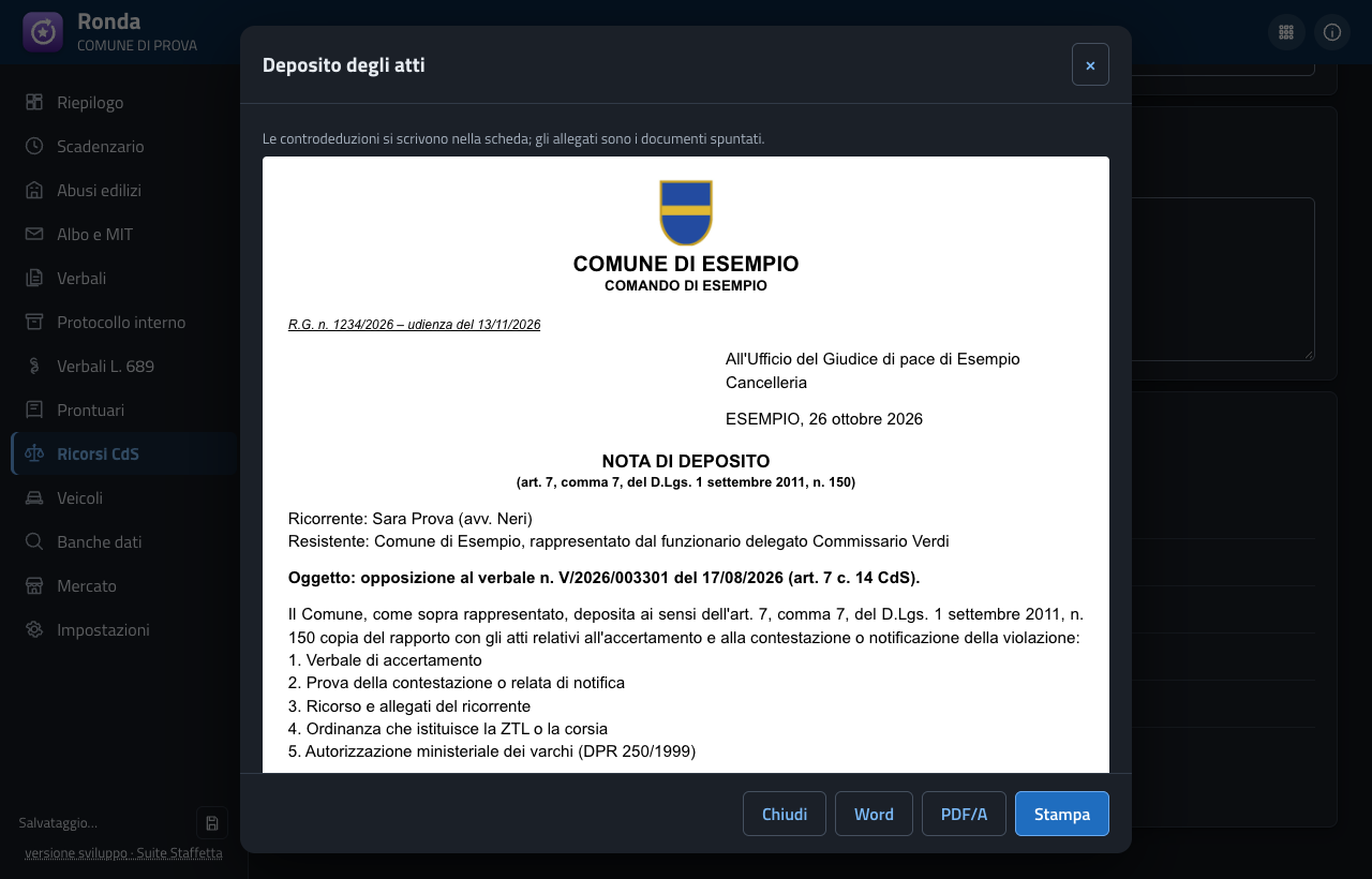 Nota di deposito degli atti al Giudice di pace