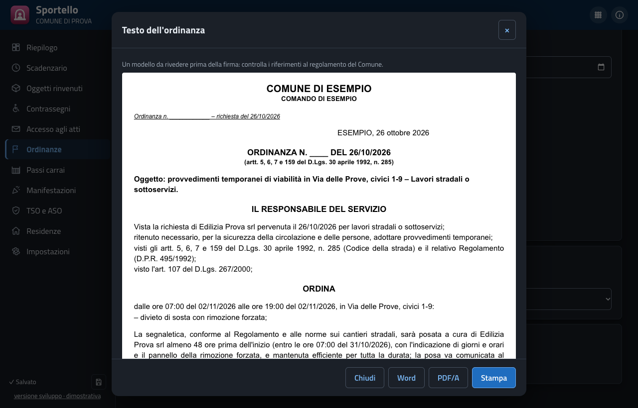 Testo di un’ordinanza temporanea di viabilità